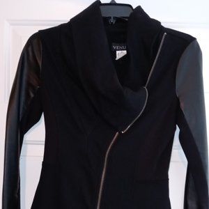 Venus black jersey and leather full zip cowl neck jacket - XS